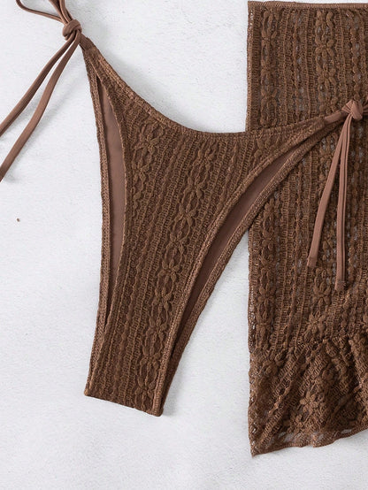 Sexy Three Piece Gauze Skirt Swimsuit Bikini Hanging Neck Swimsuit Brown