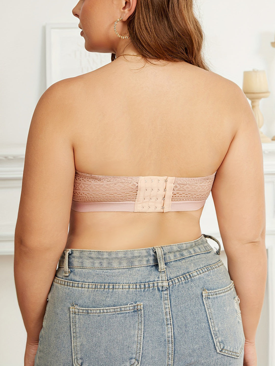 Plus Size Strapless Lace Bandeau Bra with Back-Sculpting Design RosyBrown