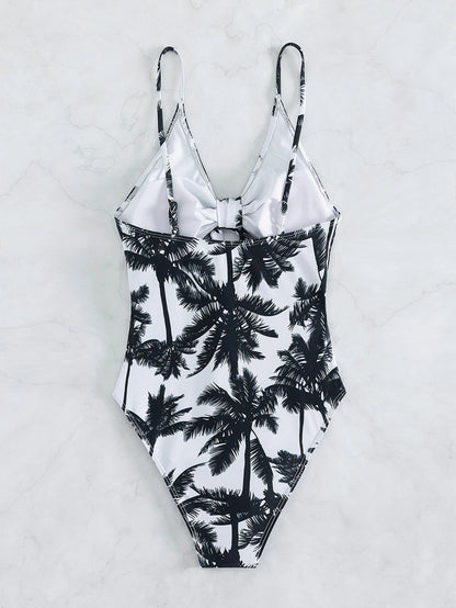 Summer Swimwear Sexy Palm Tree Print One Piece Halter Swimsuit Bikini