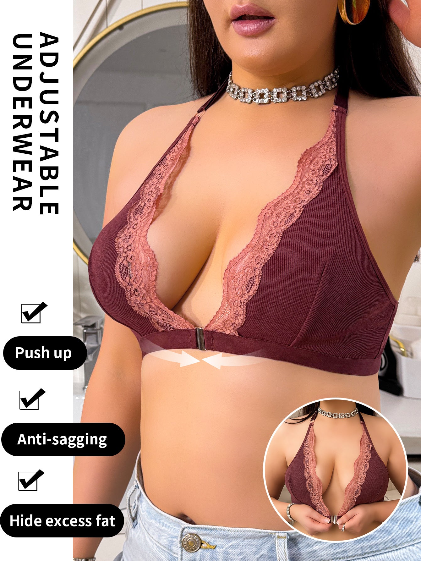 New Sexy Plus-Size Halter Lace Deep V Wireless Bra