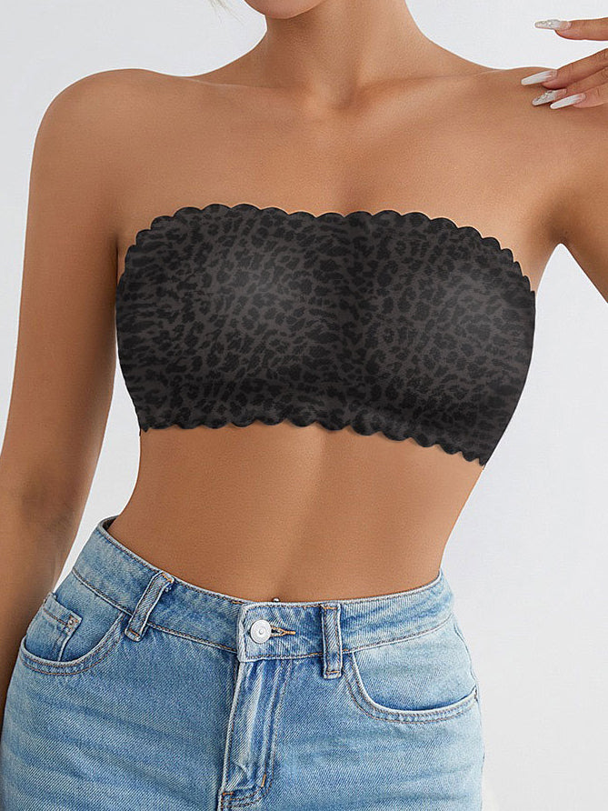 Leopard Print Strapless Bandeau Bra – Seamless & Non-Slip Comfort Black