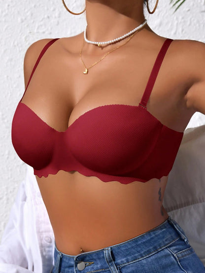 Comfortable and Breathable Adjustable Detachable Straps Solid Colour Small Bust Push-Up Bras Red