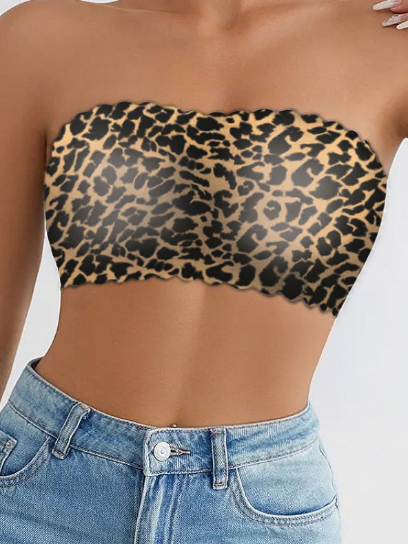 Leopard Print Strapless Bandeau Bra – Seamless & Non-Slip Comfort Tan