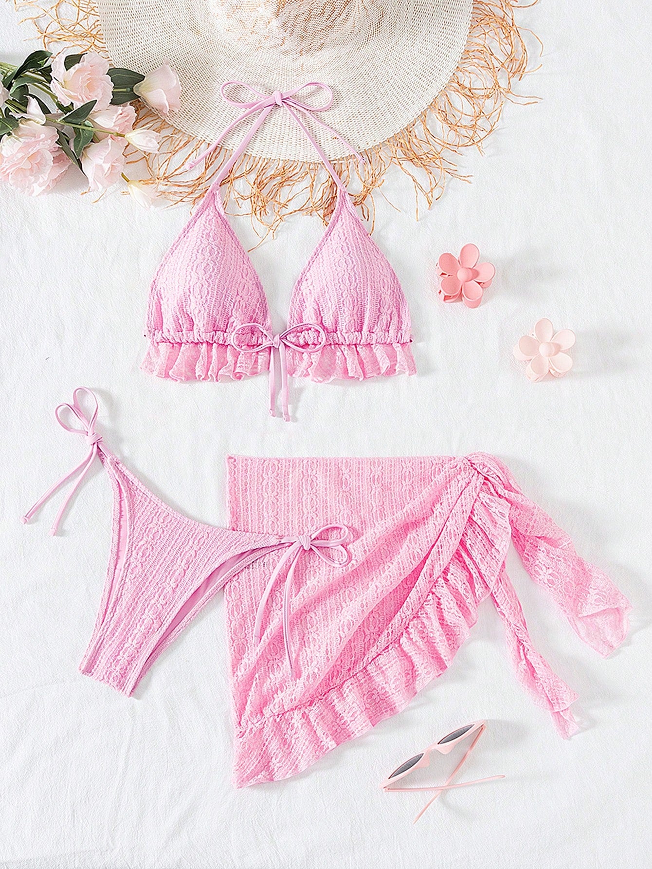Sexy Three Piece Gauze Skirt Swimsuit Bikini Hanging Neck Swimsuit Pink