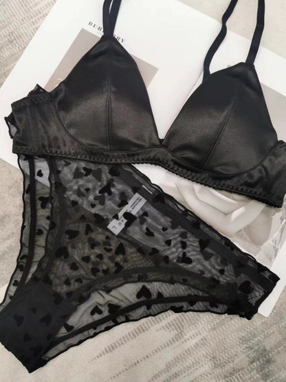 Sexy French Seamless Satin Wireless Triangle Bra Set