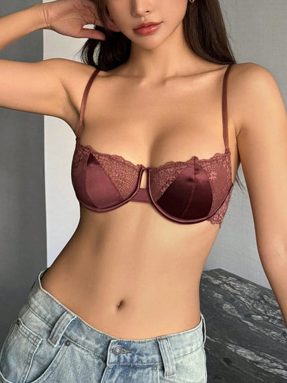 Sexy Pure Desire Women's Half Cup French Thin Lace Bra DarkRed