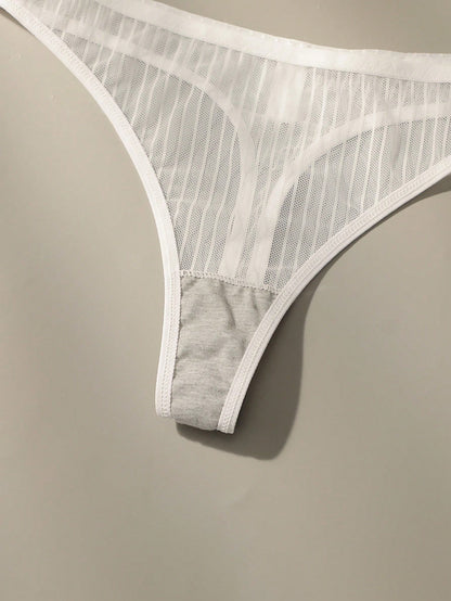 Mesh Stripe Double Layer Sexy Bra Set with Steel Ring White