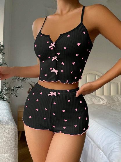 Heart Printed Bow Front Camisole Shorts Cross Back Pajama Set Pink Bow