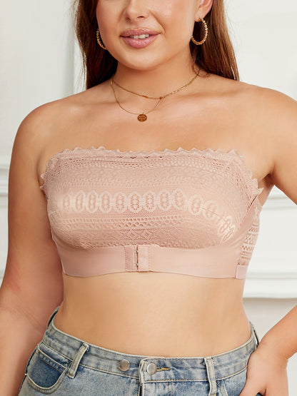 Plus Size Strapless Lace Bandeau Bra with Back-Sculpting Design RosyBrown