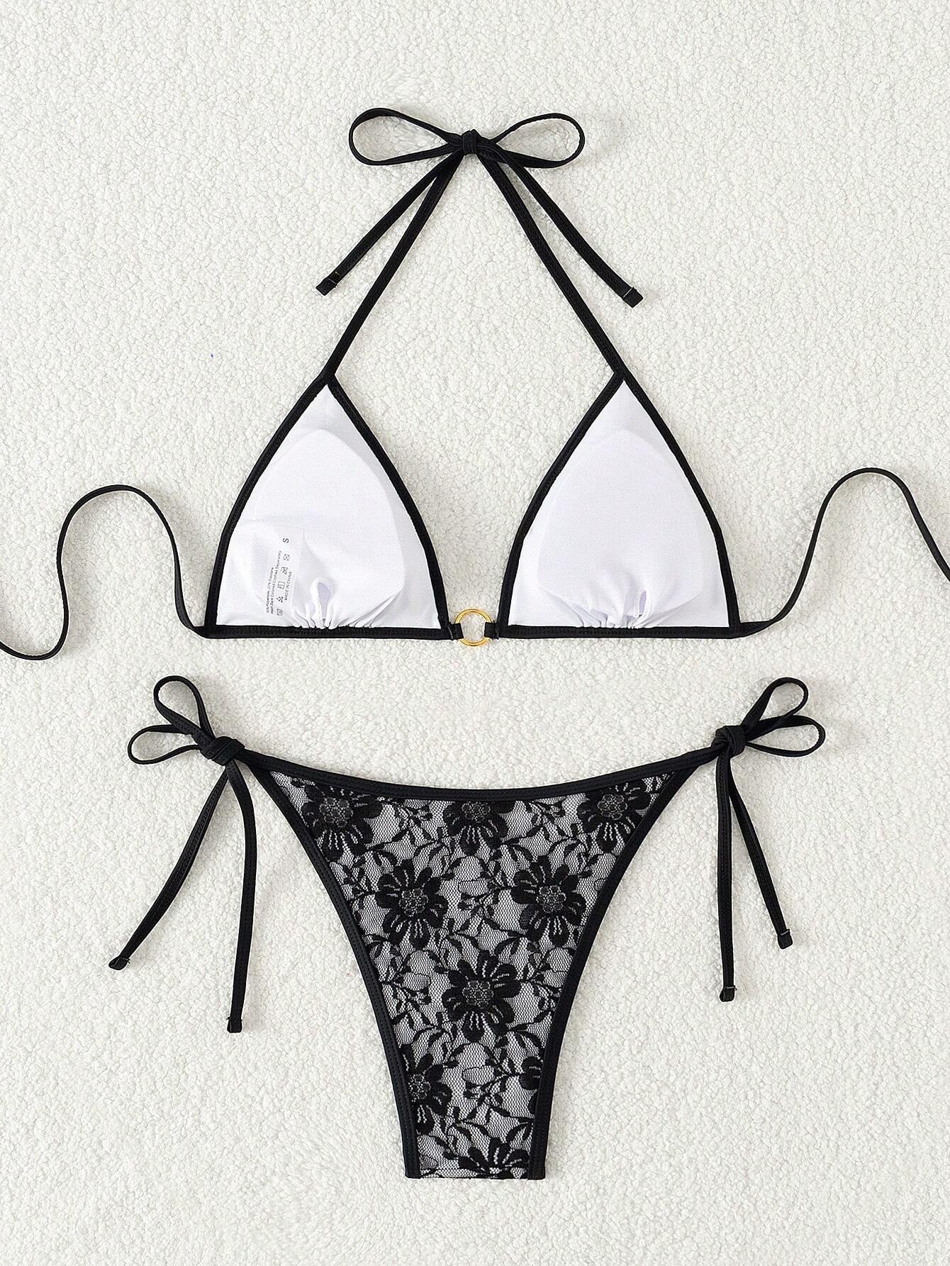 Summer Beach Sexy Backless Strappy Floral Lace Triangle Bag Bikini Set LightGray-Small Flower