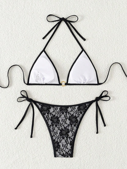 Summer Beach Sexy Backless Strappy Floral Lace Triangle Bag Bikini Set LightGray-Small Flower