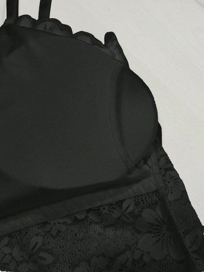 Lace Back Adjustable Straps Anti-Shine Camisole Bra Black