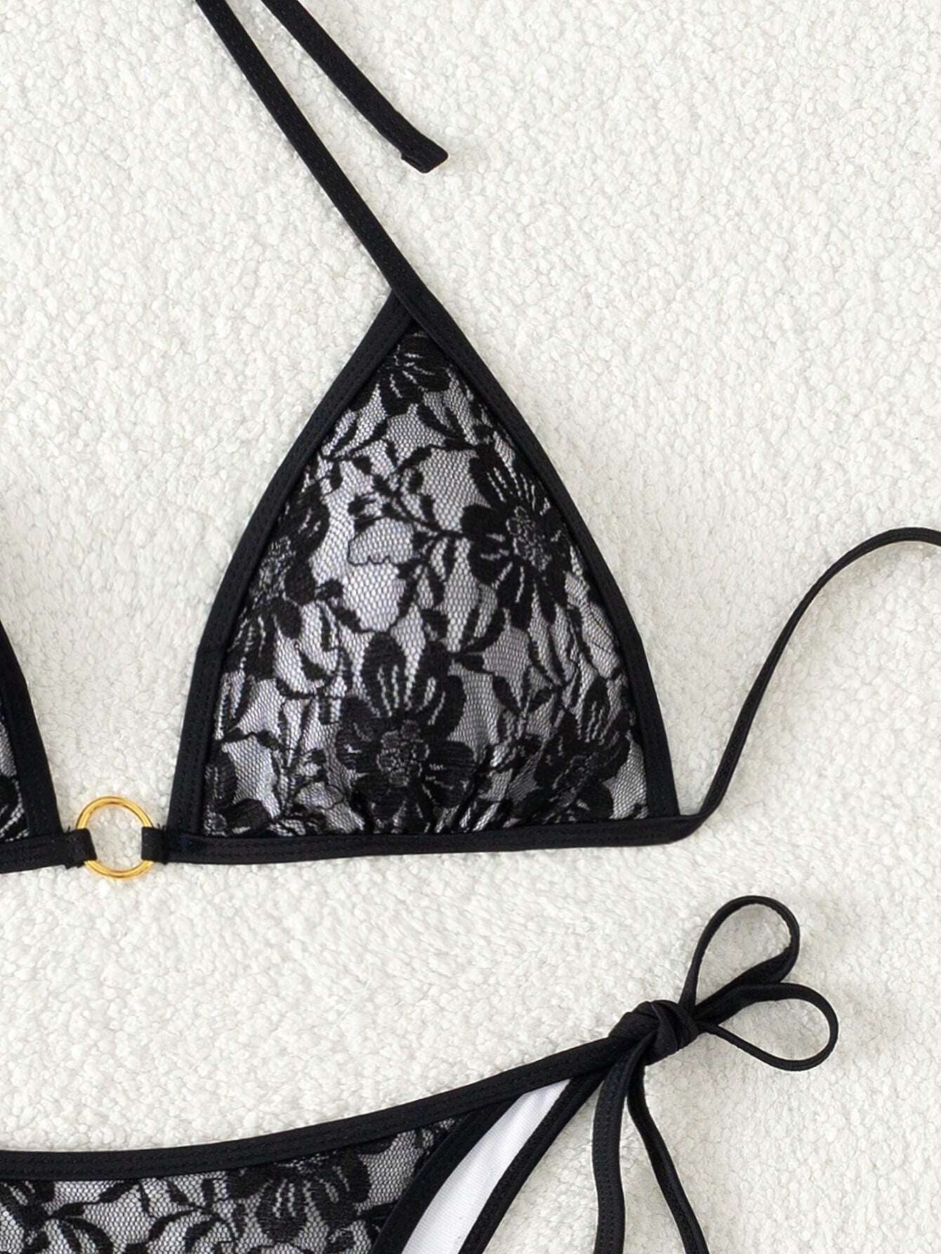 Summer Beach Sexy Backless Strappy Floral Lace Triangle Bag Bikini Set LightGray-Small Flower