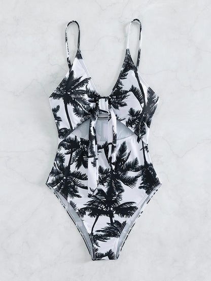 Summer Swimwear Sexy Palm Tree Print One Piece Halter Swimsuit Bikini