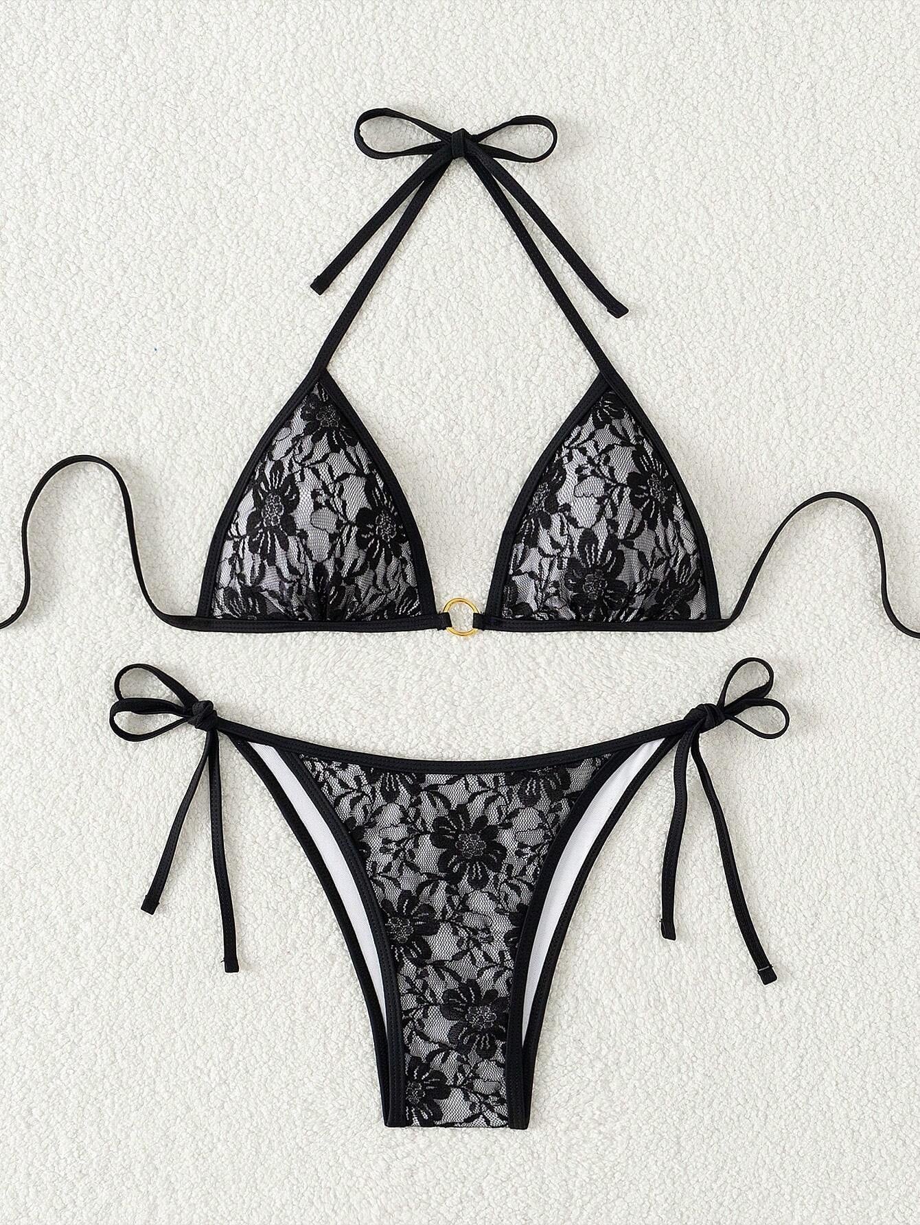 Summer Beach Sexy Backless Strappy Floral Lace Triangle Bag Bikini Set LightGray-Small Flower