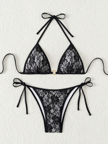 Summer Beach Sexy Backless Strappy Floral Lace Triangle Bag Bikini Set LightGray-Small Flower