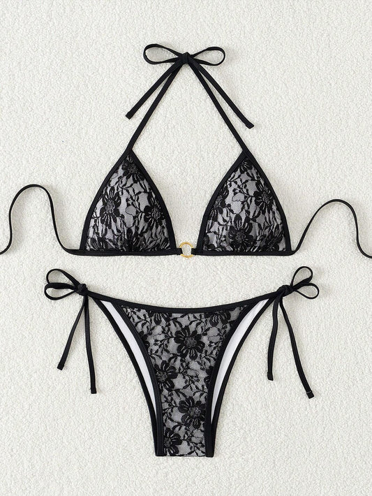 Summer Beach Sexy Backless Strappy Floral Lace Triangle Bag Bikini Set LightGray-Small Flower