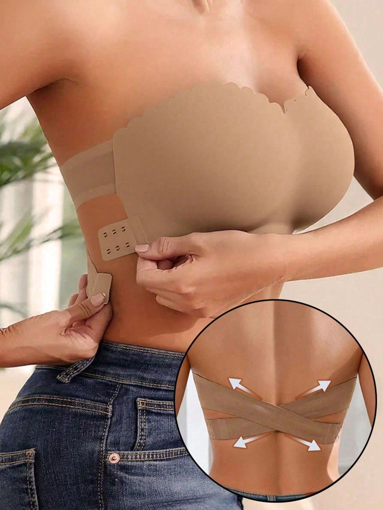 Women's Strapless Push-Up Seamless Wireless Side Closure Padded Adjustable Straps Underwear Tan