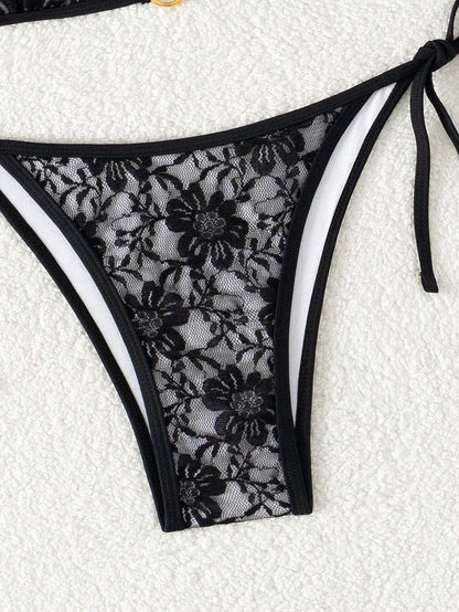 Summer Beach Sexy Backless Strappy Floral Lace Triangle Bag Bikini Set LightGray-Small Flower