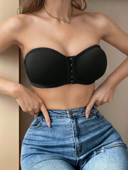 Women's Simple Front Button Multi-Ribbed Wireless Comfortable Non-Reducing Bra Black