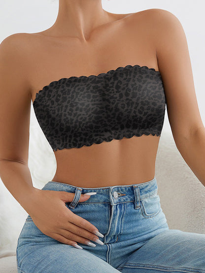 Leopard Print Strapless Bandeau Bra – Seamless & Non-Slip Comfort Black