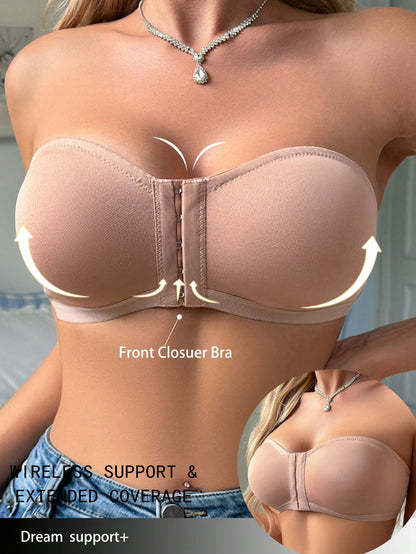 Women's Simple Front Button Multi-Ribbed Wireless Comfortable Non-Reducing Bra LightCoral
