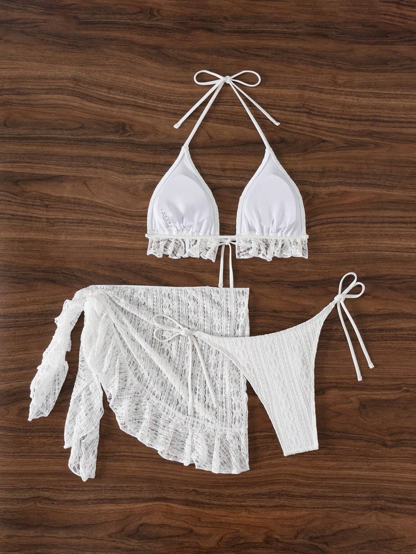 Sexy Three Piece Gauze Skirt Swimsuit Bikini Hanging Neck Swimsuit White