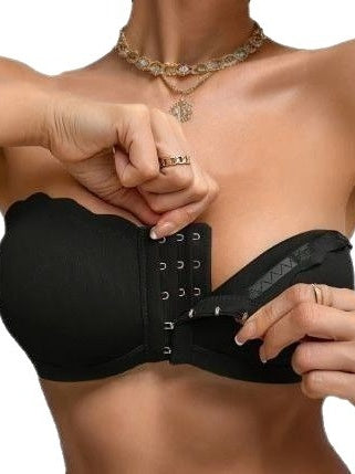 Front-Closure Breathable Supportive Bra with Wavy Trim Black