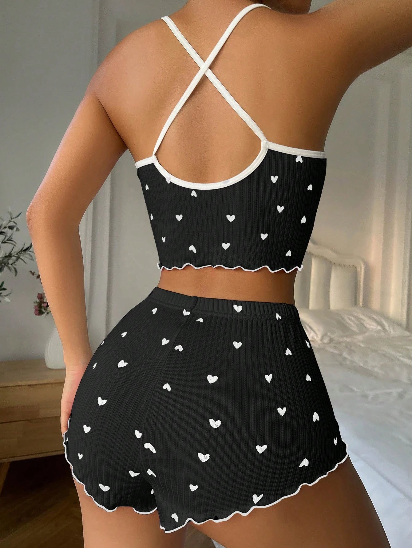 Heart Printed Bow Front Camisole Shorts Cross Back Pajama Set White Bow