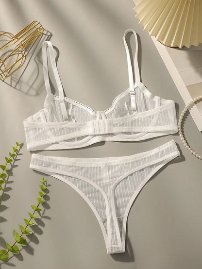 Mesh Stripe Double Layer Sexy Bra Set with Steel Ring White