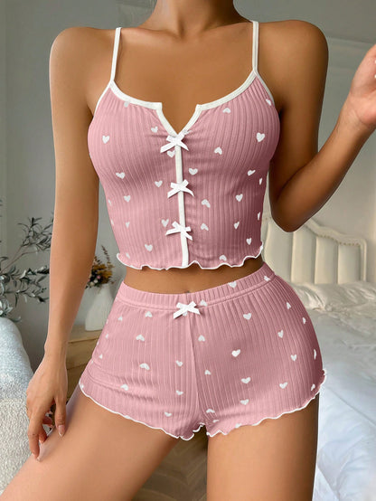 Heart Printed Bow Front Camisole Shorts Cross Back Pajama Set HotPink