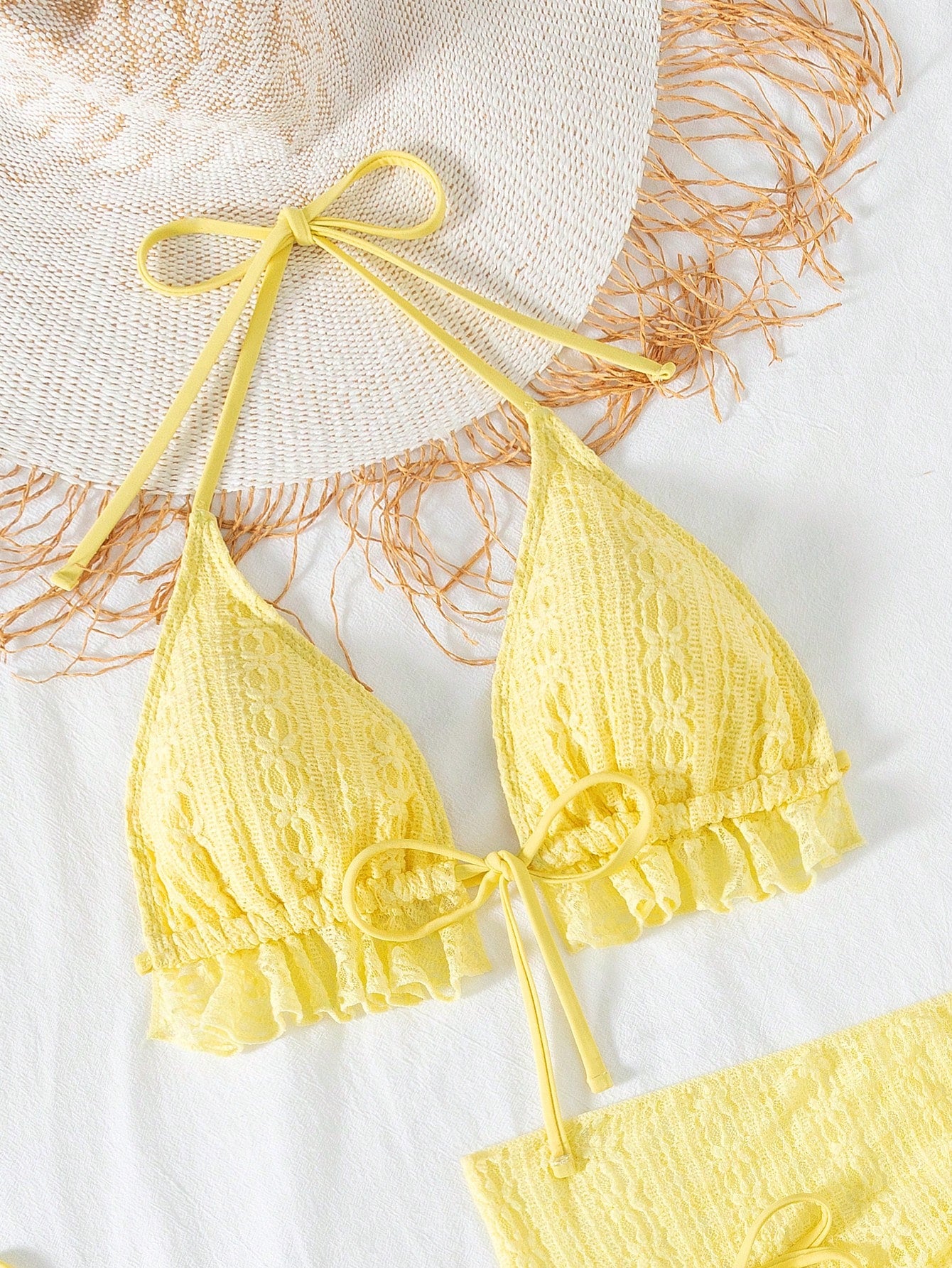 Sexy Three Piece Gauze Skirt Swimsuit Bikini Hanging Neck Swimsuit Yellow