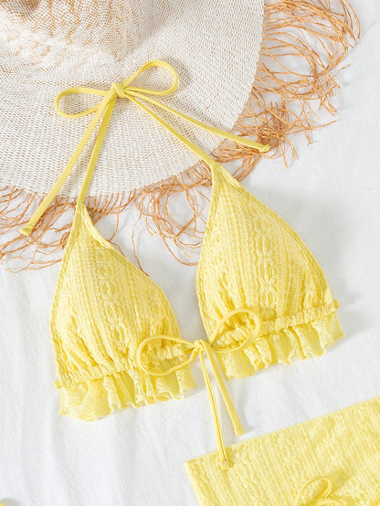 Sexy Three Piece Gauze Skirt Swimsuit Bikini Hanging Neck Swimsuit Yellow