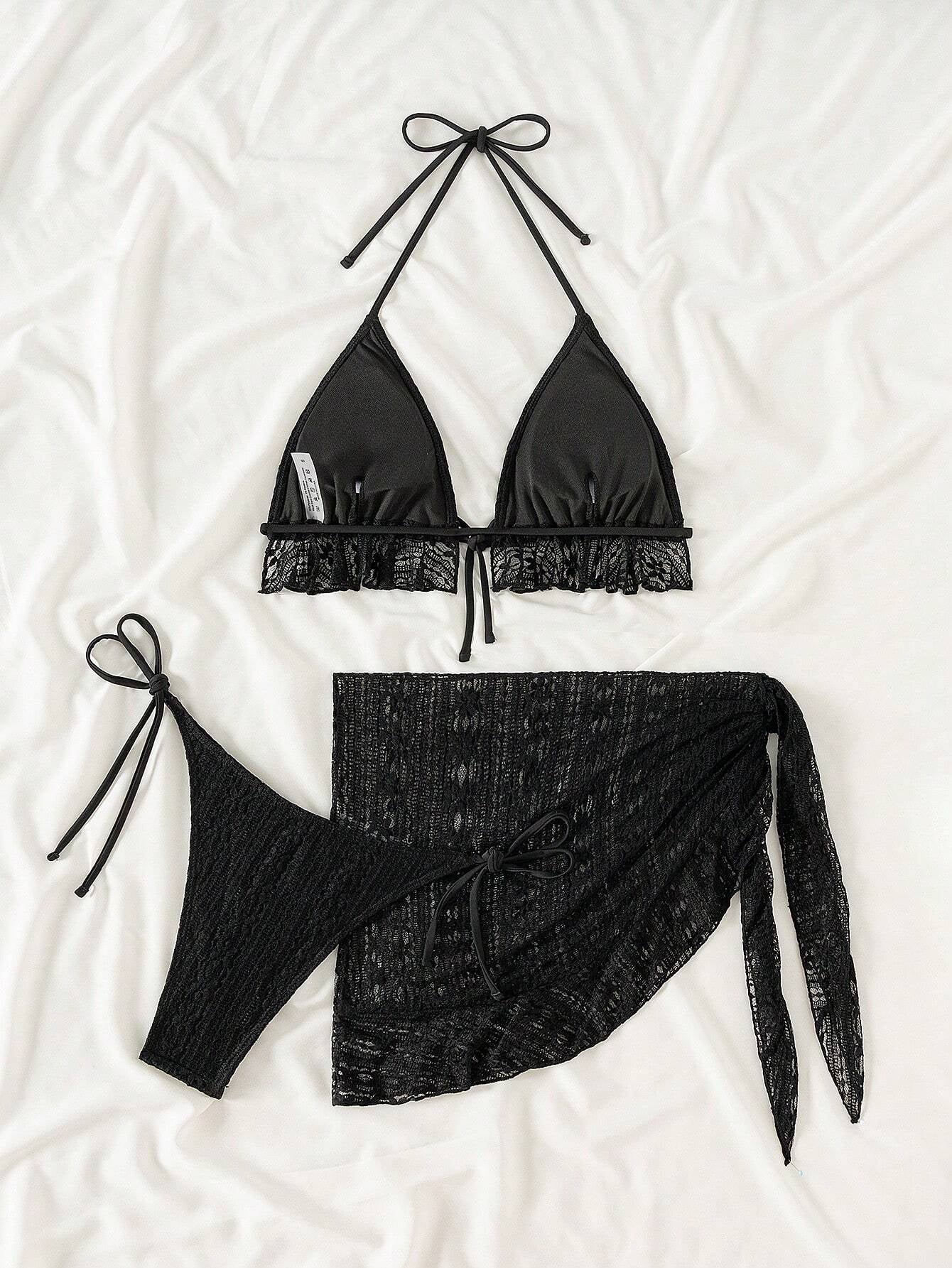 Sexy Three Piece Gauze Skirt Swimsuit Bikini Hanging Neck Swimsuit Black