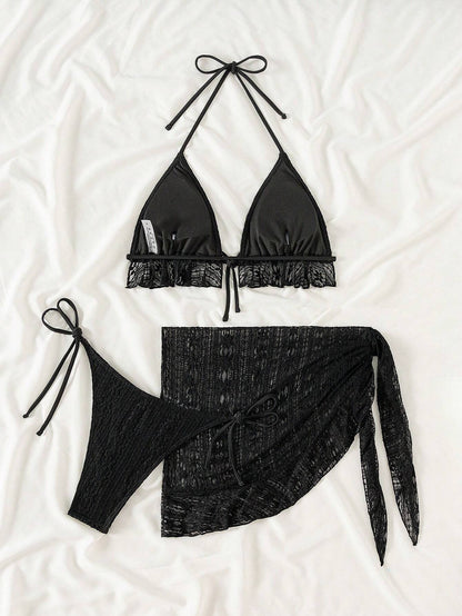 Sexy Three Piece Gauze Skirt Swimsuit Bikini Hanging Neck Swimsuit Black