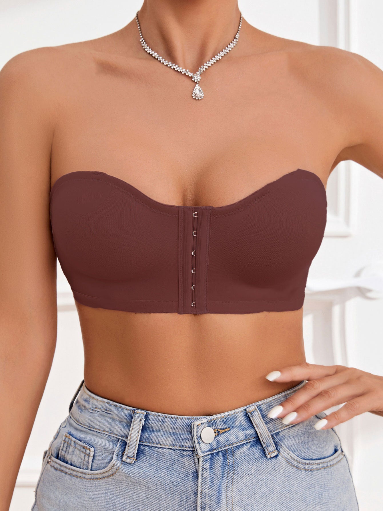 Women's Front Closure Tube Bralette Strapless No Padded Wireless Bandeau Bra VioletRed