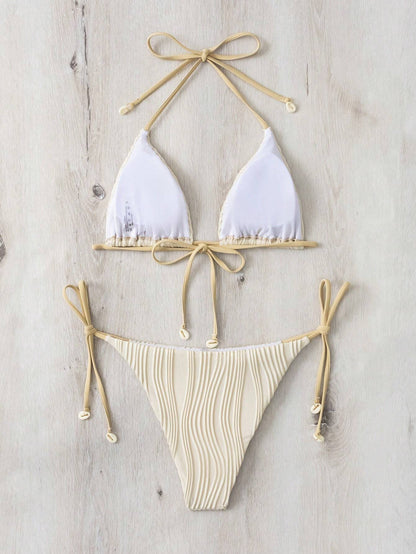 Beach Ladies Backless Two Piece Sexy Bikini Set Ivory