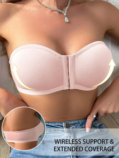 Women's Simple Front Button Multi-Ribbed Wireless Comfortable Non-Reducing Bra Pink