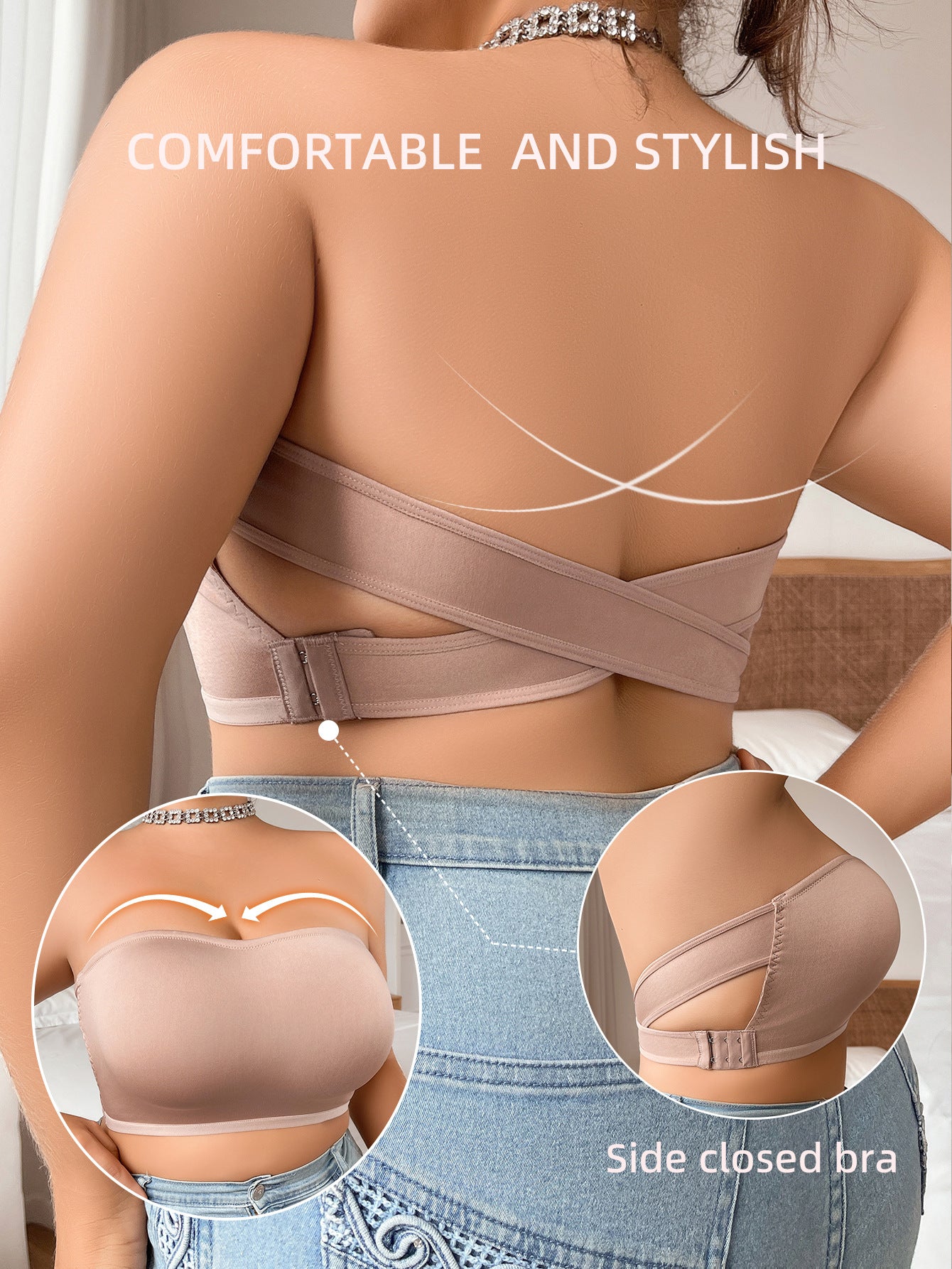 Sexy Strapless Non-Slip Gathered Back Wire-Free Bra RosyBrown
