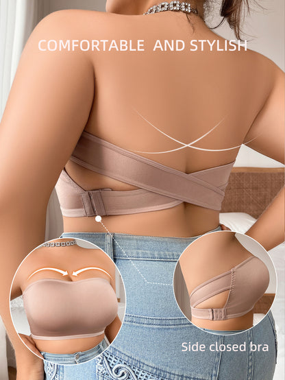 Sexy Strapless Non-Slip Gathered Back Wire-Free Bra RosyBrown