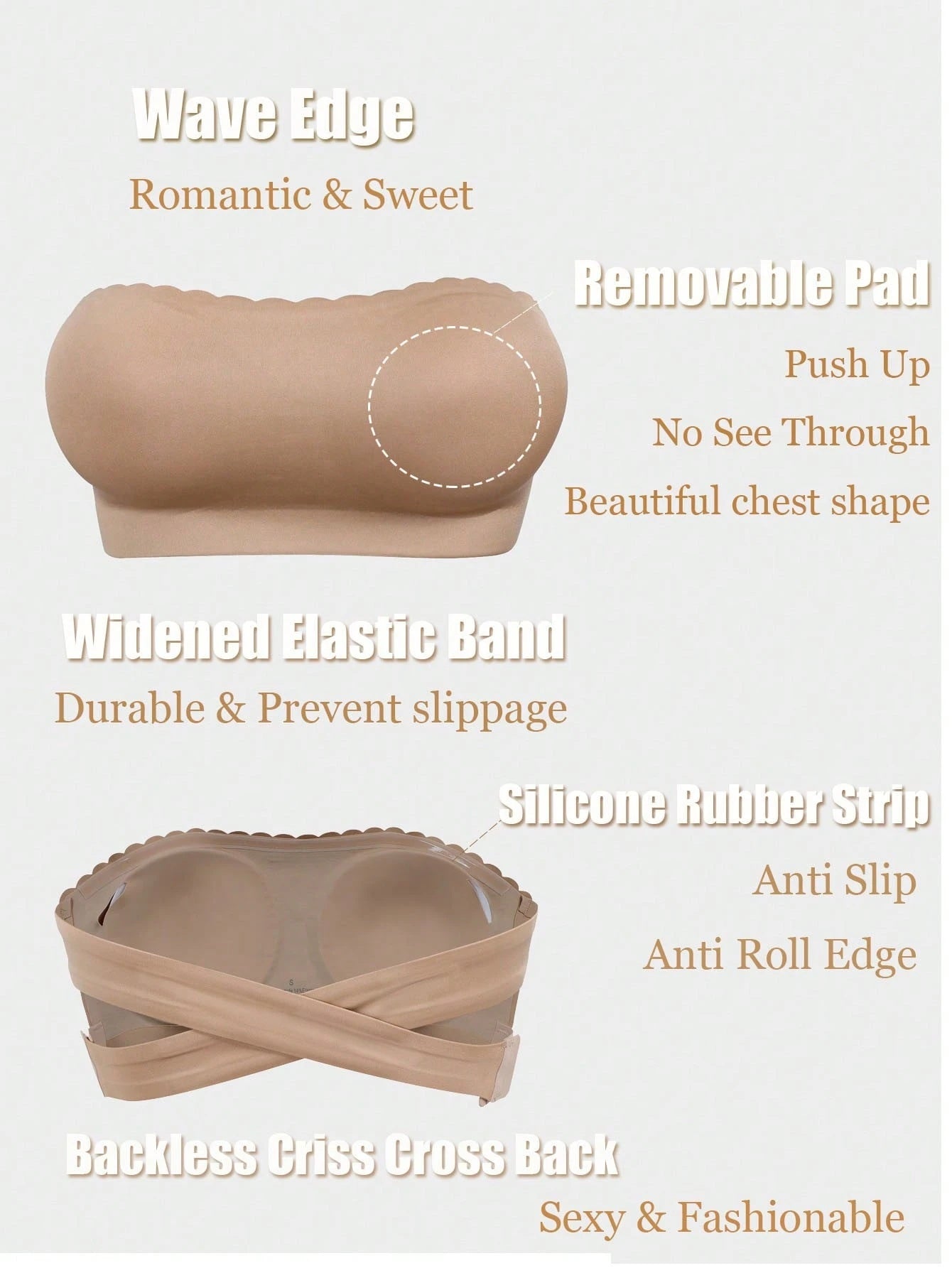 Women's Strapless Push-Up Seamless Wireless Side Closure Padded Adjustable Straps Underwear Tan
