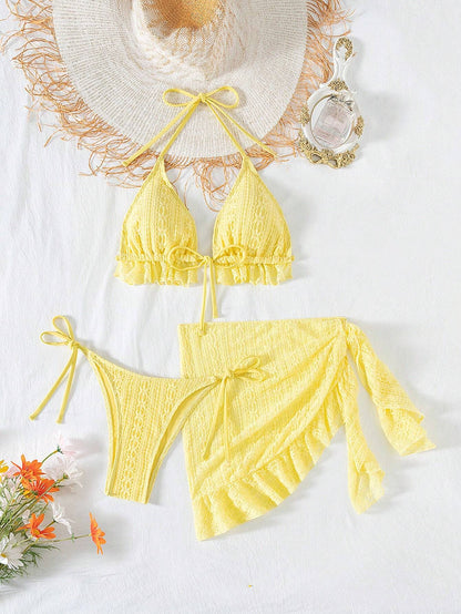 Sexy Three Piece Gauze Skirt Swimsuit Bikini Hanging Neck Swimsuit Yellow