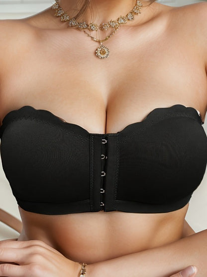 Front-Closure Breathable Supportive Bra with Wavy Trim Black