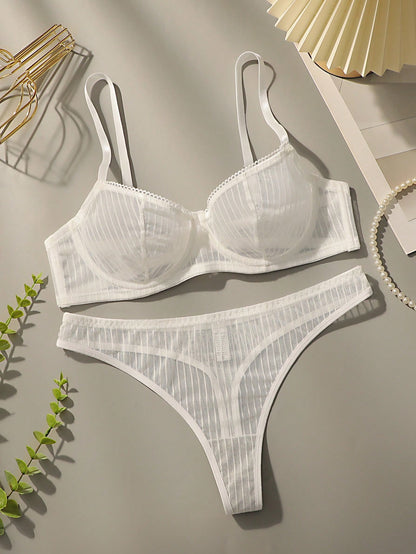 Mesh Stripe Double Layer Sexy Bra Set with Steel Ring White