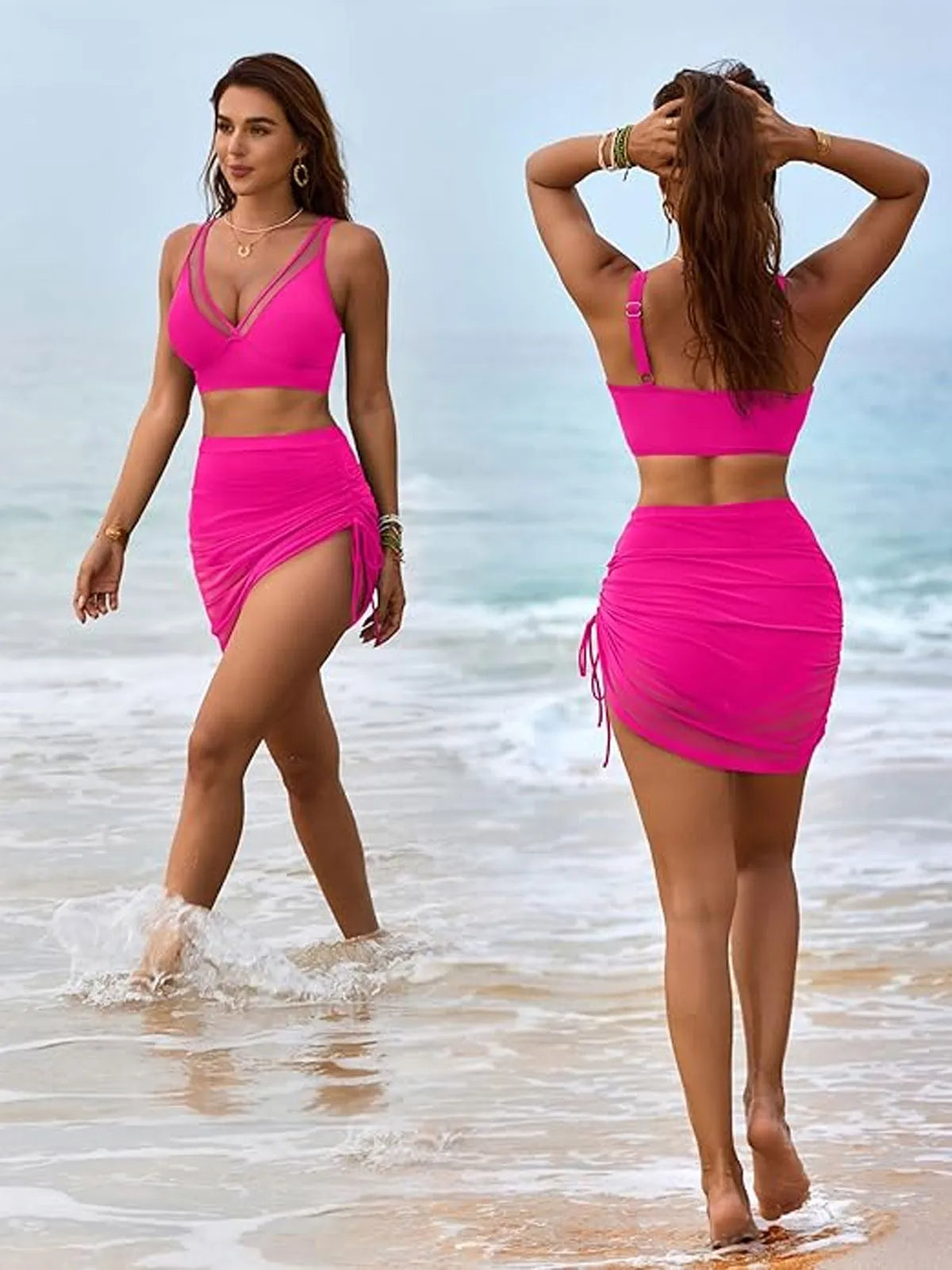 Swim Skirt High Waisted Bikini Sets Tummy Control Swimsuits Mesh Sarong Wraps Bathing Suits VioletRed
