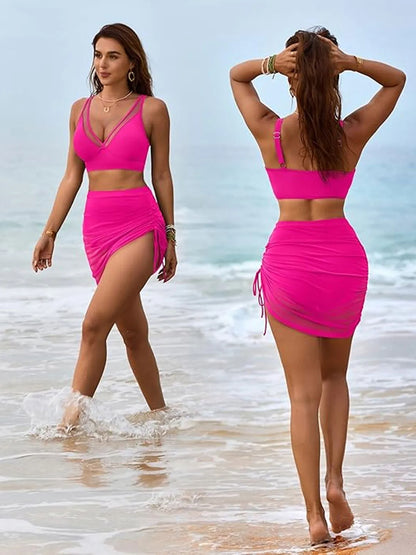 Swim Skirt High Waisted Bikini Sets Tummy Control Swimsuits Mesh Sarong Wraps Bathing Suits VioletRed