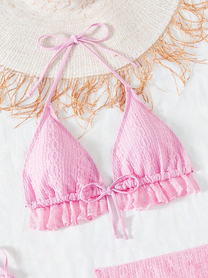 Sexy Three Piece Gauze Skirt Swimsuit Bikini Hanging Neck Swimsuit Pink