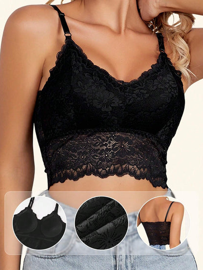 Lace Back Adjustable Straps Anti-Shine Camisole Bra Black