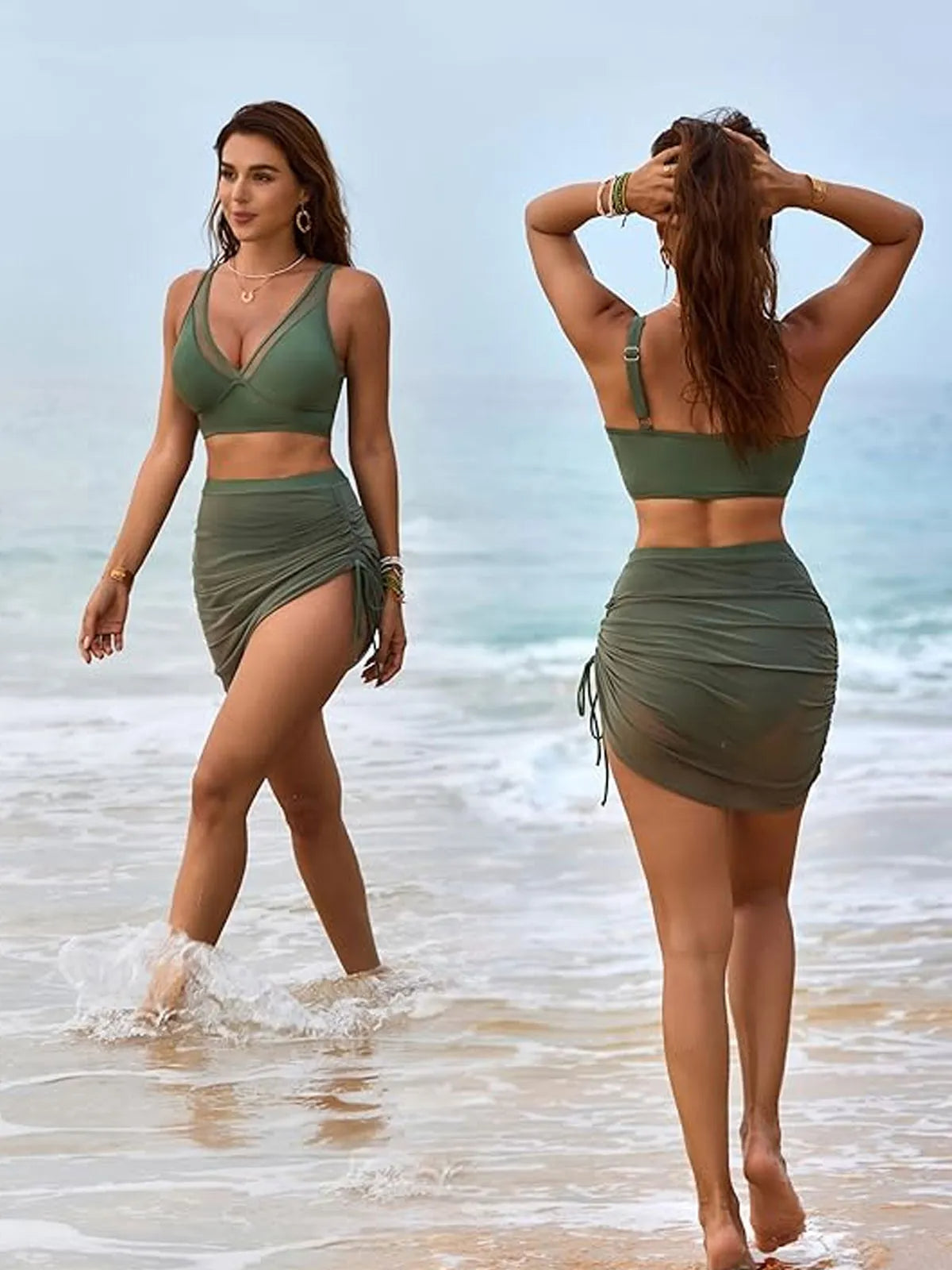Swim Skirt High Waisted Bikini Sets Tummy Control Swimsuits Mesh Sarong Wraps Bathing Suits OliveDrab