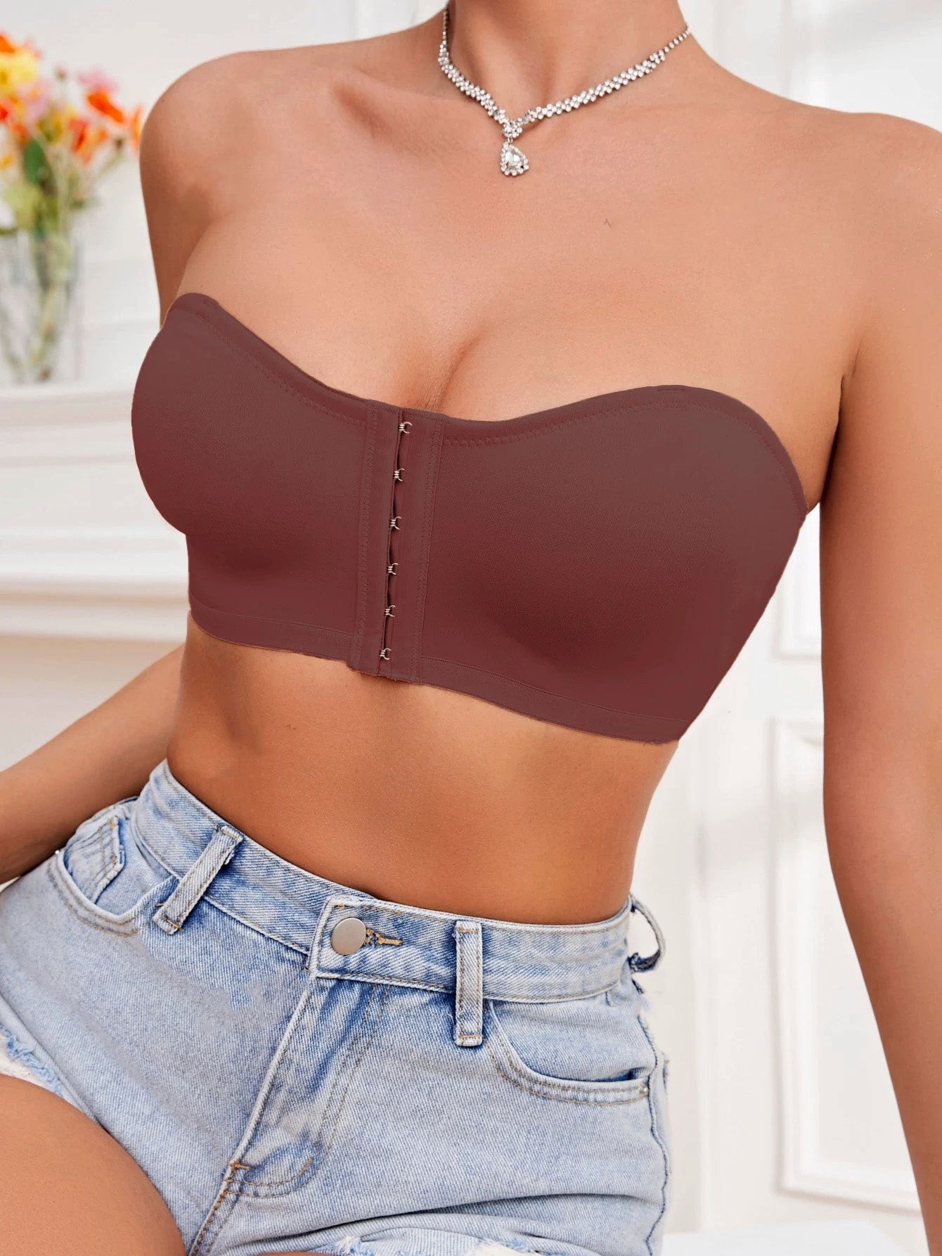 Women's Front Closure Tube Bralette Strapless No Padded Wireless Bandeau Bra VioletRed